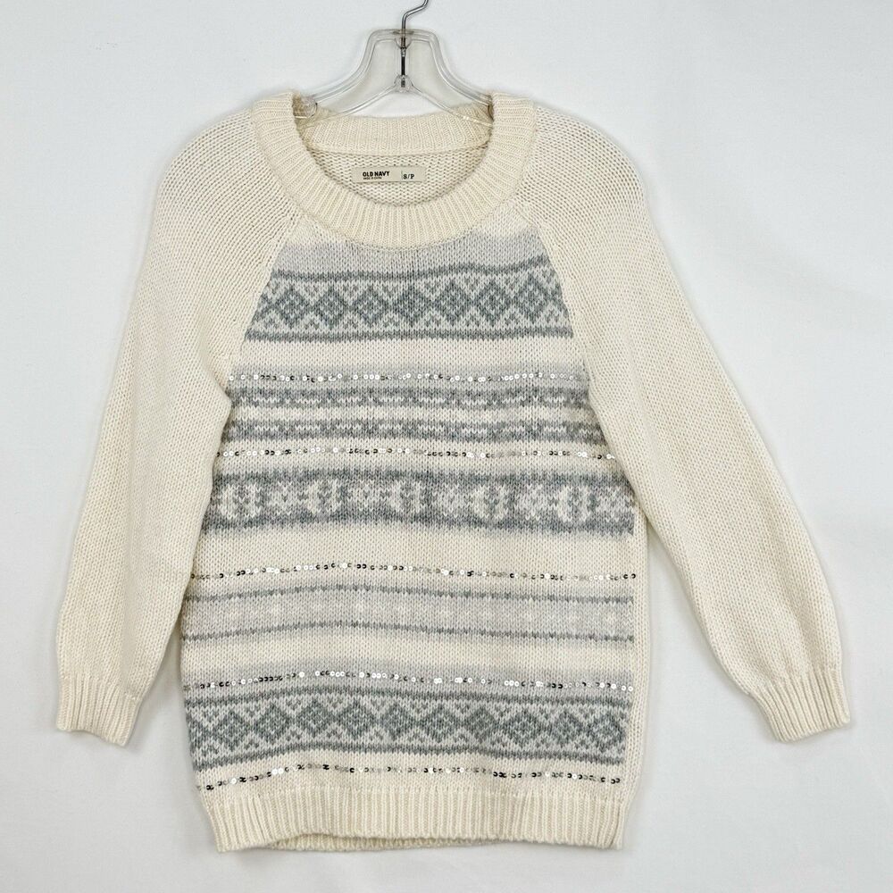 Old Navy Sweater Jumper Small PetiteFair Isle Cream Gray Knit Sequins Loose Fit
